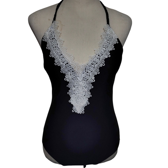 Boutique 1PC Black Swimsuit SMALL Crochet Trim Plunging VNeck Coquette Girl NWOT - Picture 1 of 15